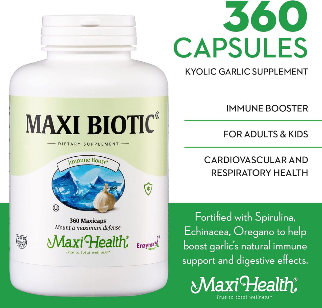 Maxi Health - Maxi Biotic Aged Garlic Extract Capsules (360 Count) | Kyolic Garlic Supplement with Spirulina, Echinacea, Oregano and Enzymax - Natural Antioxidant - Wellness Support