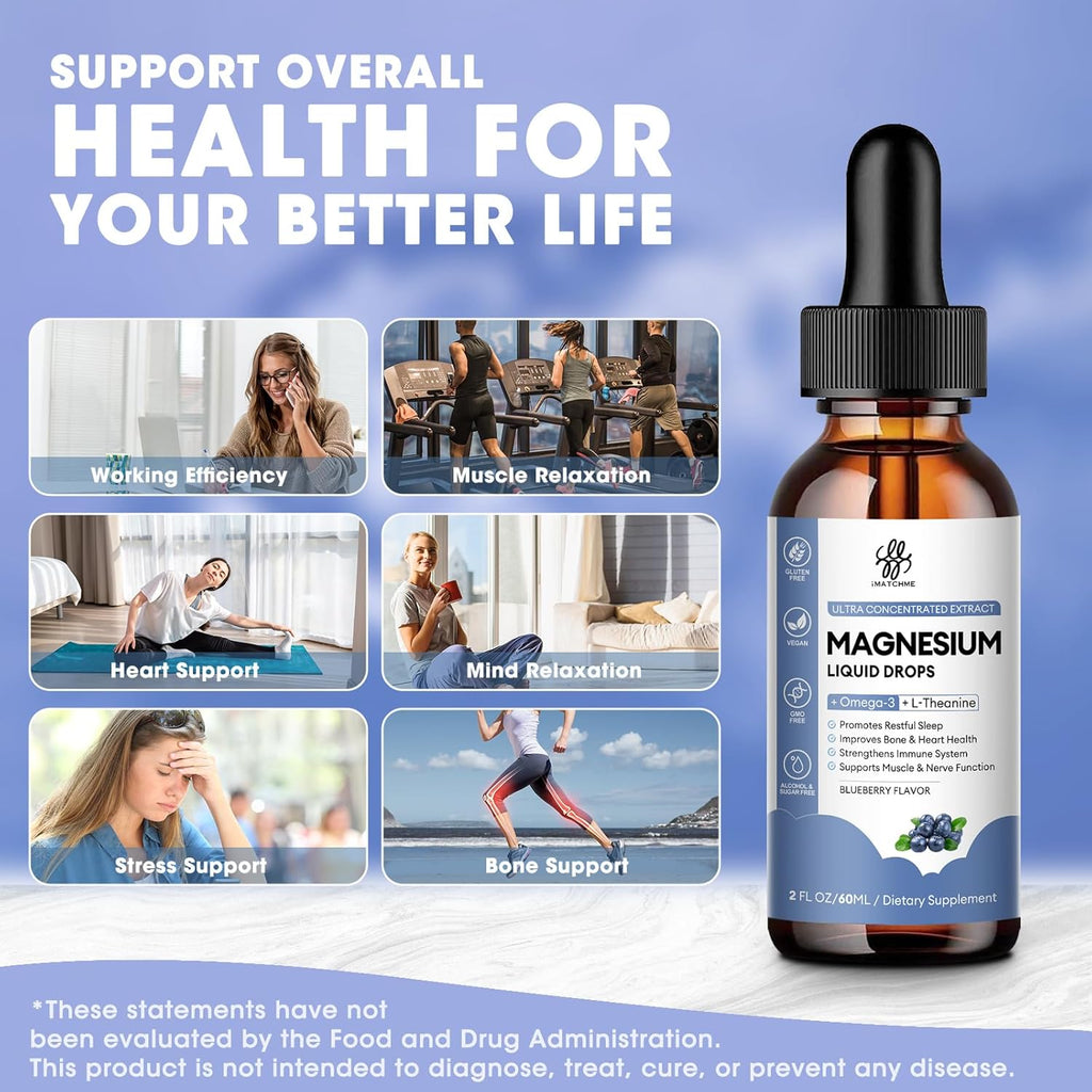 Magnesium Glycinate Liquid, Magnesium Complex Supplement with Omega3, L-Theanine and Vitamin for Calm, Sleep Support, Muscle Relief, Non GMO, Blueberry Flavor, 2 Fl Oz
