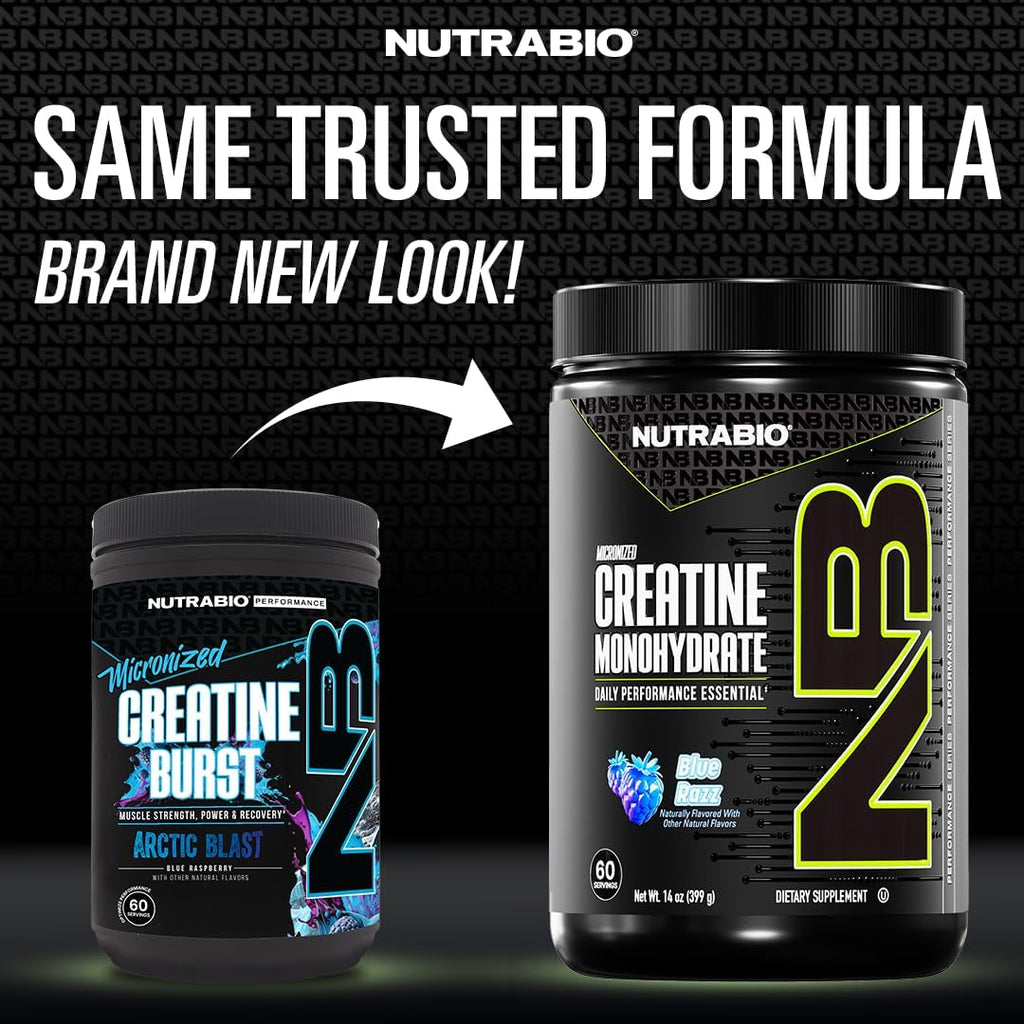 NutraBio Pure Micronized Creatine Monohydrate Powder Supplement, Blue Razz Burst(300 g) - Supports Bulk Muscle Energy, Recovery, and Strength - HPLC Tested Creatine Powder Supplement for Men and Women
