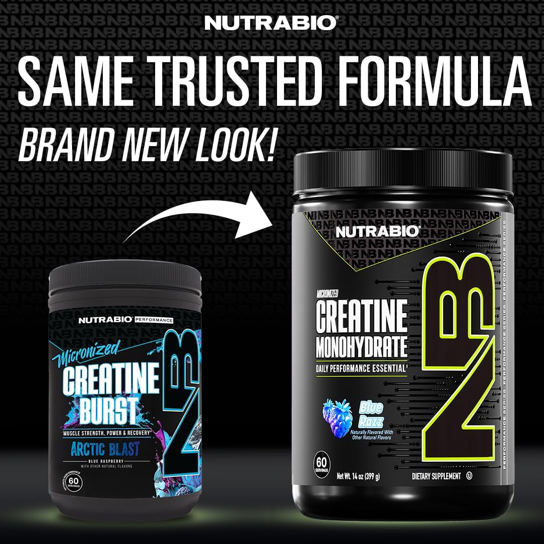 NutraBio Pure Micronized Creatine Monohydrate Powder Supplement, Blue Razz Burst(300 g) - Supports Bulk Muscle Energy, Recovery, and Strength - HPLC Tested Creatine Powder Supplement for Men and Women