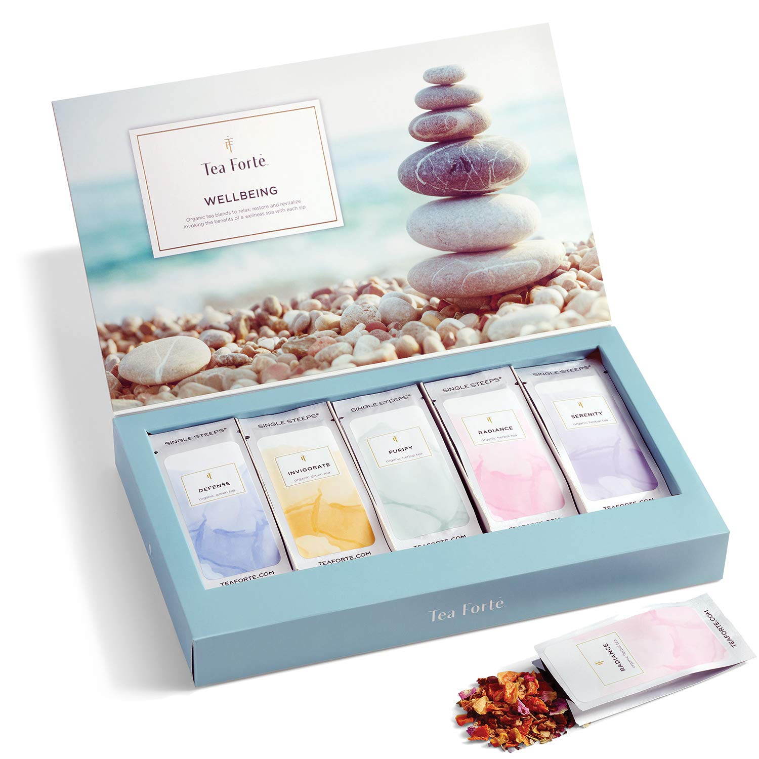 Tea Forte Wellness Tea Assortment Single Steeps Loose Leaf Premium Tea Gift Set Sampler, 15 Count 3 of Each Assorted Blends, Pre-Portioned Single Serve Pouches, Steeps 12 oz