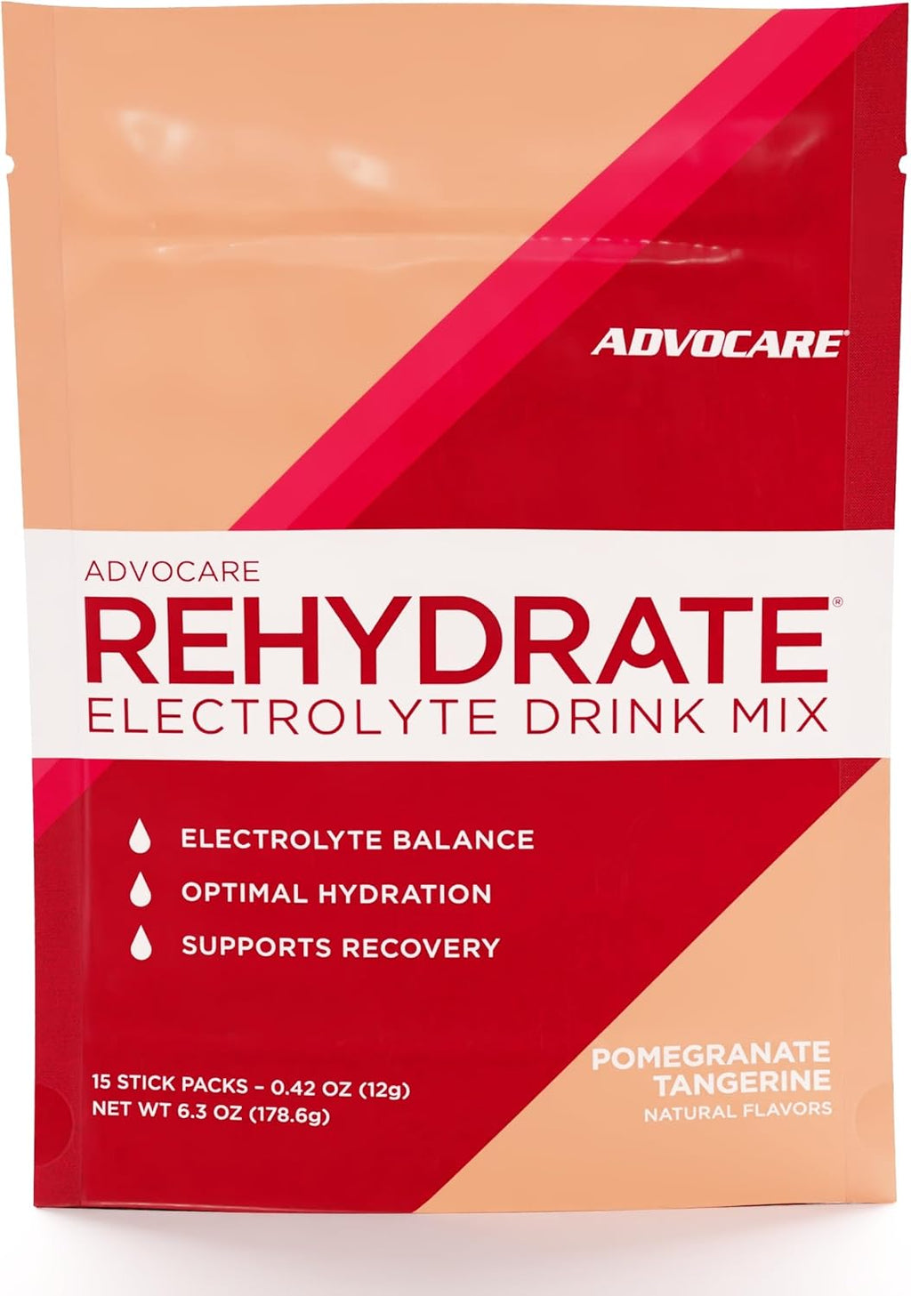 AdvoCare Rehydrate - Electrolyte Drink Mix - Includes Magnesium, Sodium, Potassium & Calcium - Antioxidant & Amino Acid Fortified - Hydration & Recovery - Pomegranate Tangerine, 15 Sticks (6.3 oz)