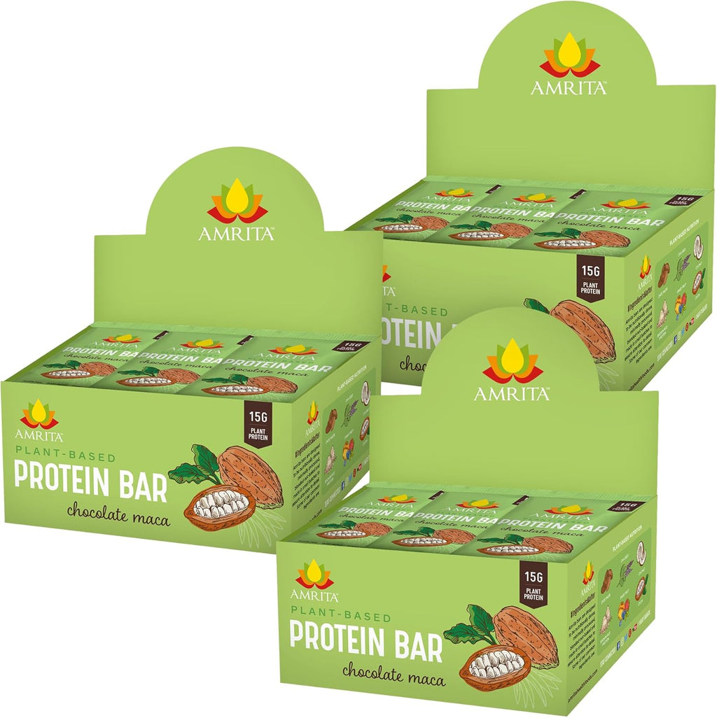 Amrita Nut Free Chocolate Maca Vegan Protein Bars (12 Count PK of 3) | 12g Plant-Based Protein Bar | Peanut Free, Gluten Free, and Dairy Free | Low Sugar, High Fiber, Healthy School-Safe Snacks