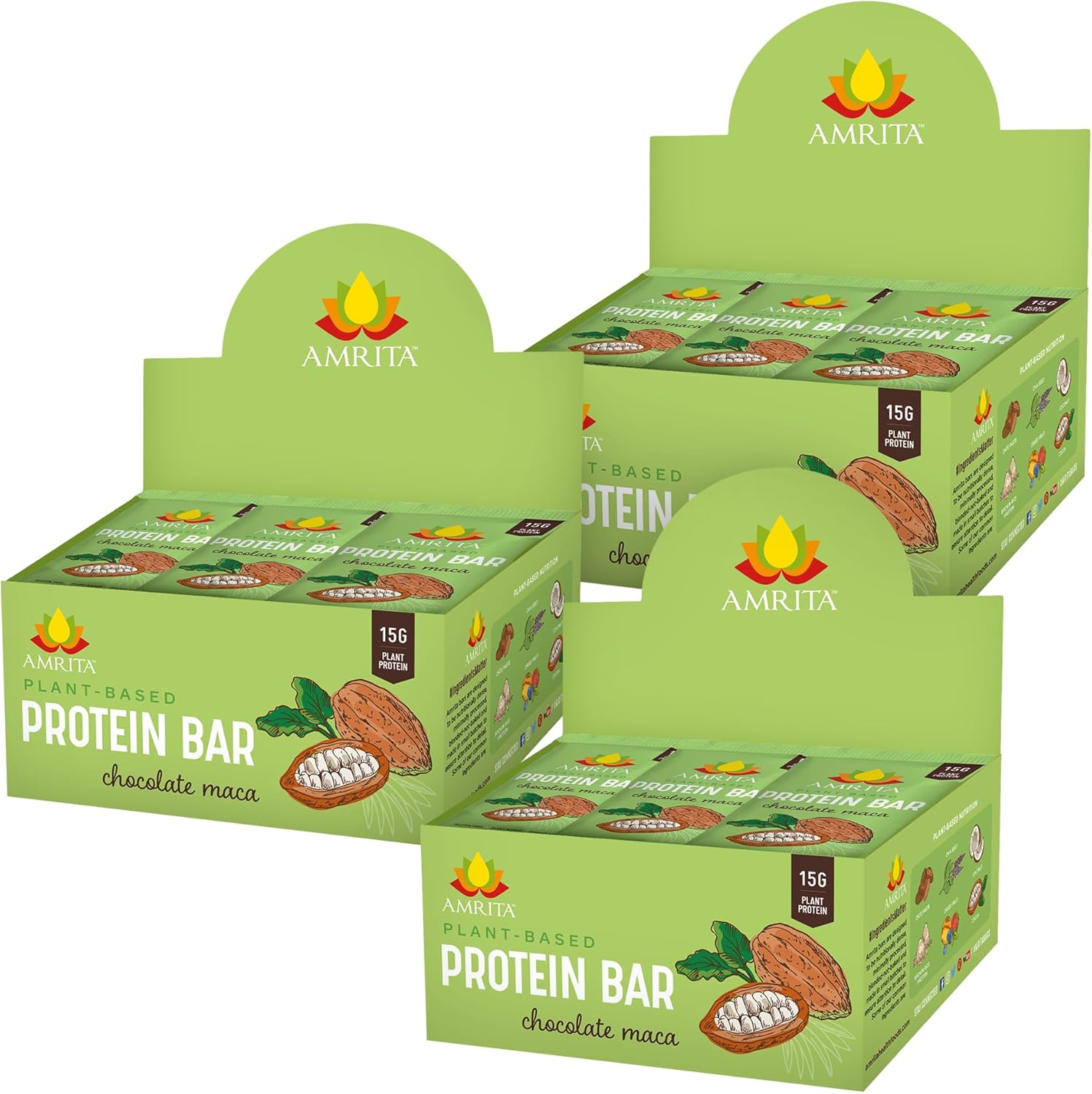 Amrita Nut Free Chocolate Maca Vegan Protein Bars (12 Count PK of 3) | 12g Plant-Based Protein Bar | Peanut Free, Gluten Free, and Dairy Free | Low Sugar, High Fiber, Healthy School-Safe Snacks