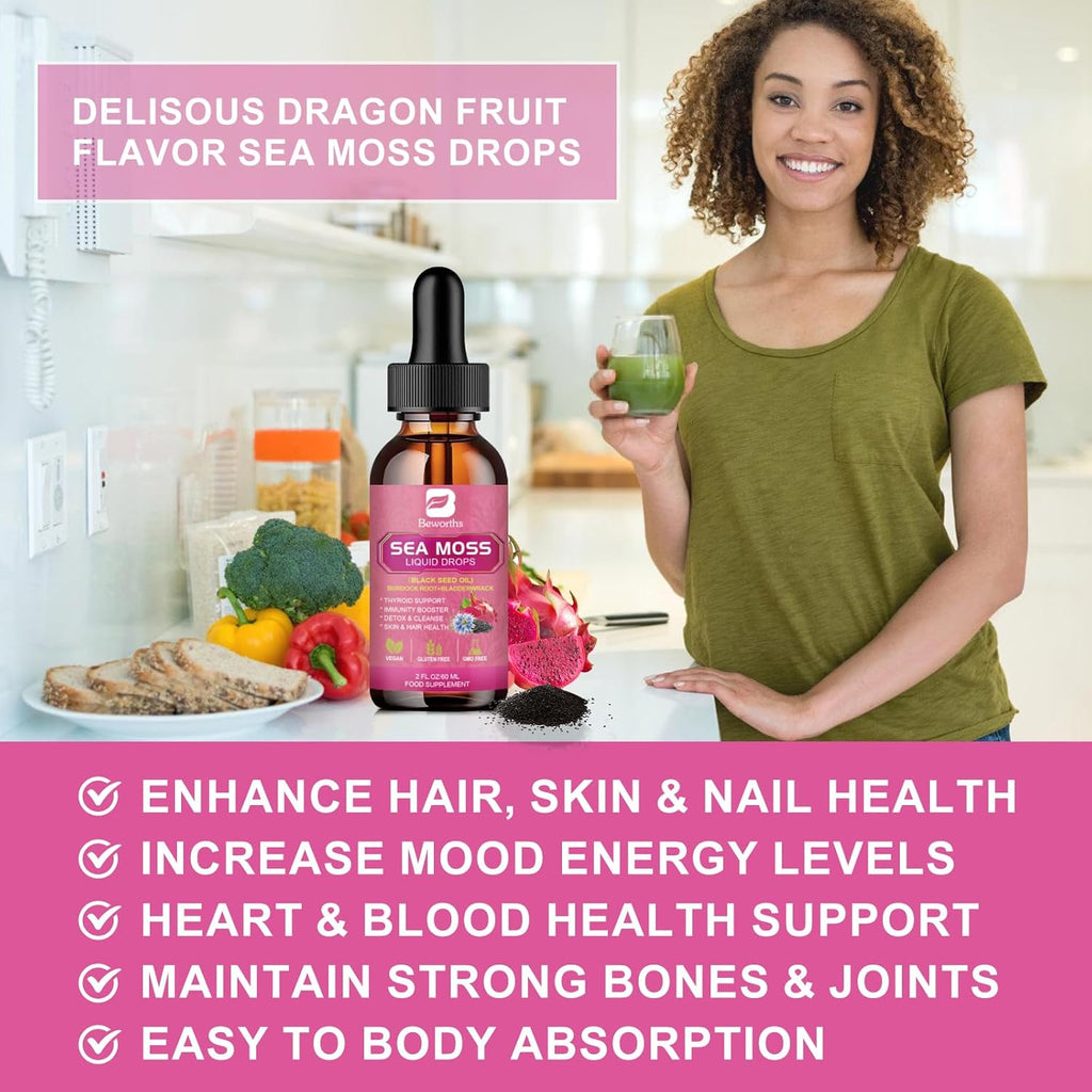 B BEWRTHS Sea Moss Liquid Drops - Black Seed Oil & Irish Sea Moss Gel with Burdock Root Bladderwrack, Elderberry, 6X Stronger Qrganic Seamoss Raw Supplement for Digestive, Hair Health - Vegan, 2 Fl.oz