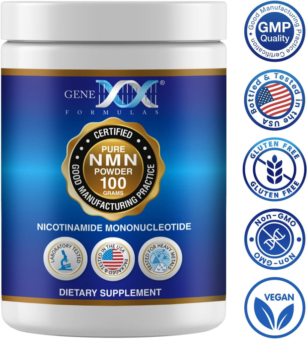 Genex Formulas Pure NMN Powder 100 Grams Bulk Supplement - Stabilized Form 99% Pure Powder for Increased NAD+ Levels, DNA Repair, & Healthy Aging - Non-GMO, GMP-Certified (100 Scoops)