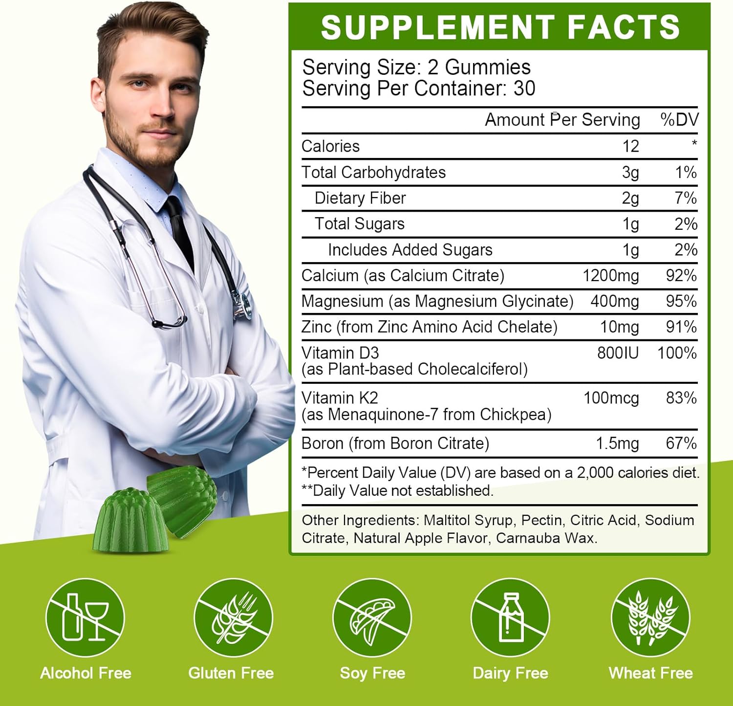 Calcium Citrate 1200mg Supplement with Vitamin D3 Gummies for Women & Men - Chewable Calcium Magnesium Zinc D3 K2 Supplement for Bone & Teeth Support, Vegan, Apple Flavor - 60 Gummies (2Pack)