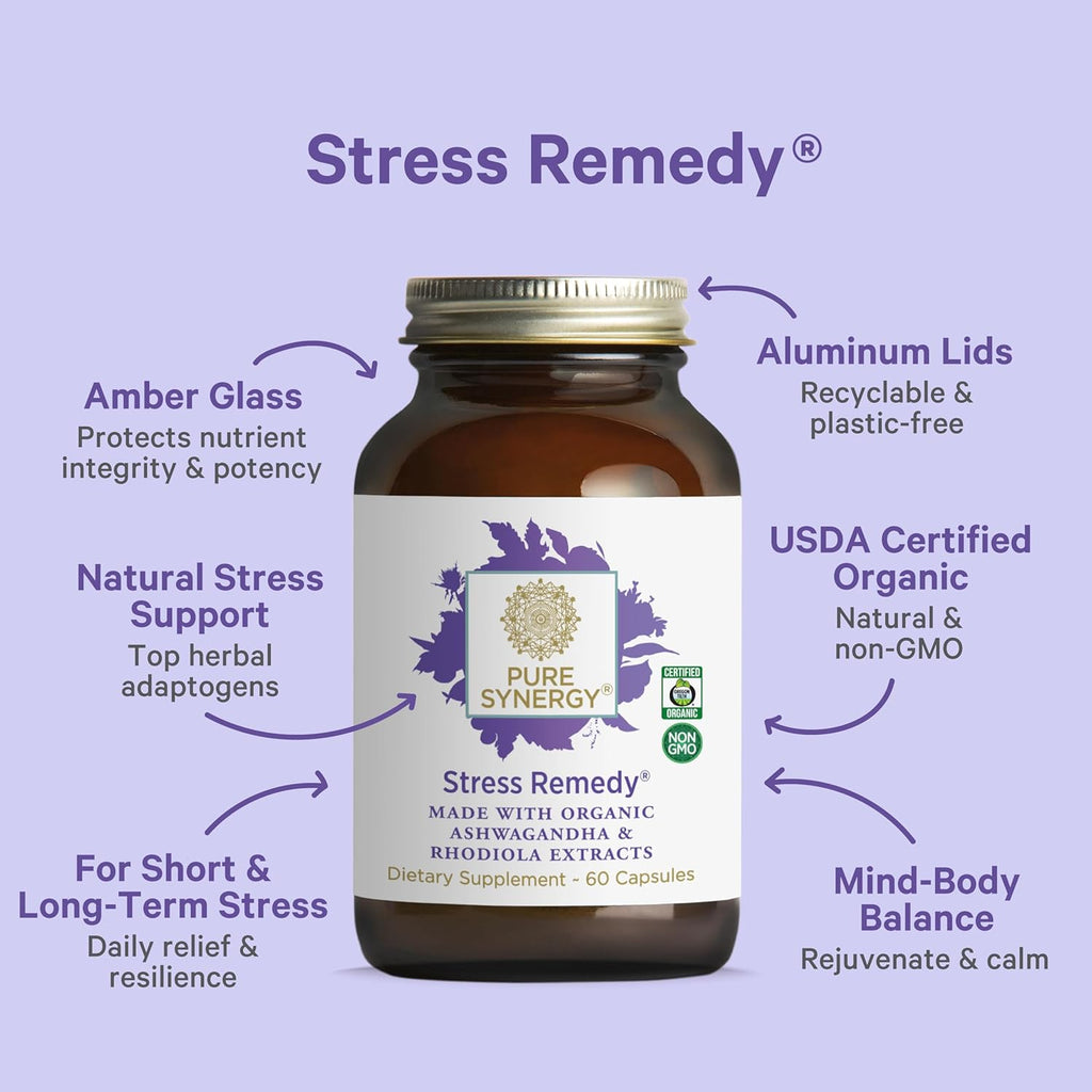 PURE SYNERGY Stress Remedy | Soothing Supplement with Ashwagandha | Organic Adaptogen Support from Rhodiola, Lemon Balm, and Holy Basil | for Stress Relief, Adrenal Health, and Mood (60 Capsules)