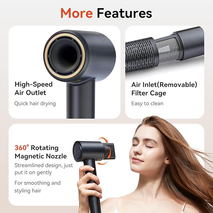 Hair Dryer,High Speed Ionic Low Noise Blow Dryer 160,000 RPM 500M Negative Ions Blow Dryer for Ultimate Shine,Ultra-Fast Drying,Heat Control,Professional Portable Hair Dryer for Travel,Black