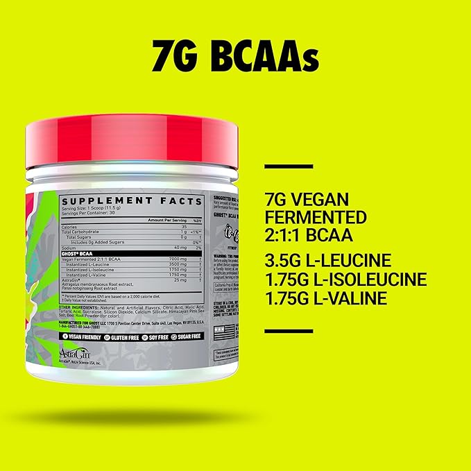 GHOST BCAA Powder Amino Acids Supplement, Strawberry Watermelon - 30 Servings - Sugar-Free Intra, Post & Pre Workout Amino Powder & Recovery Drink, 7G BCAA