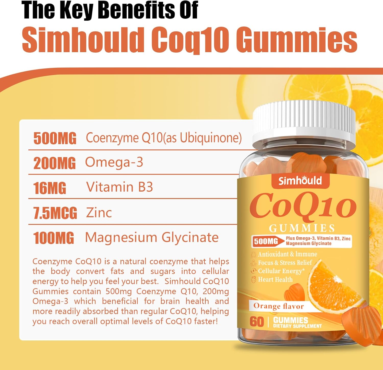 1 Pack CoQ10 500MG Gummies - Plus Omega-3, Magnesium, Vitamin B3 & Zinc - 3X Better Absorption Coenzyme Q10 Supplements for Heart Health, Cellular Energy & Antioxidant, Non-GMO 60 Counts