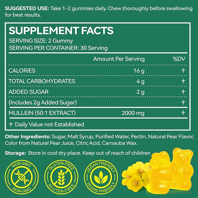 Mullein Gummies for Lung Cleanse 60 Count - 2000 mg Mullein Leaf Extract Gummies with Chlorophyll - Natural Herbal Supplement for Lung Cleanse, Respiratory Support, Boosts Immunity, Digestive Wellness