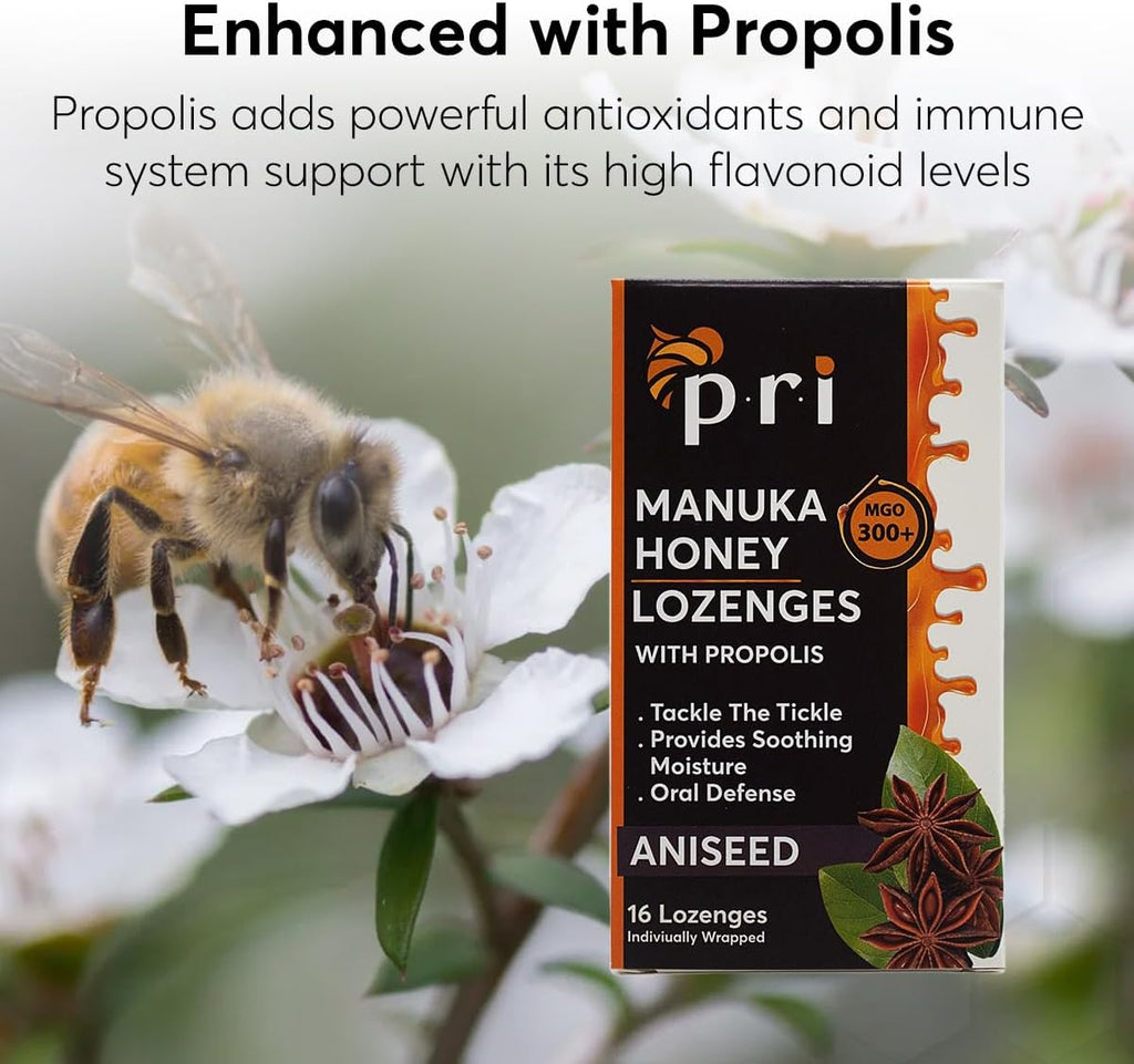 P.R.I Manuka Honey Lozenges with Propolis, Soothing Cough and Throat Drops, MGO 300+ Certified, (Original Aniseed, 16 Count/2 Pack)