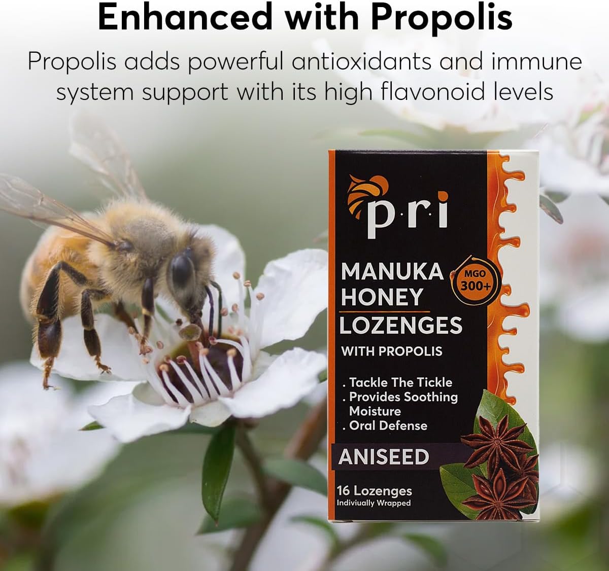 P.R.I Manuka Honey Lozenges with Propolis, Soothing Cough and Throat Drops, MGO 300+ Certified, (Original Aniseed, 16 Count/2 Pack)