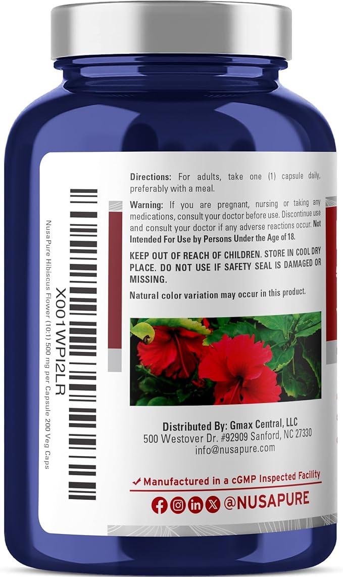NusaPure Hibiscus Flower 10:1 Extract, 500 mg Equivalent to 5000mg 200 Vegetarian Caps (Non-GMO, Vegan)