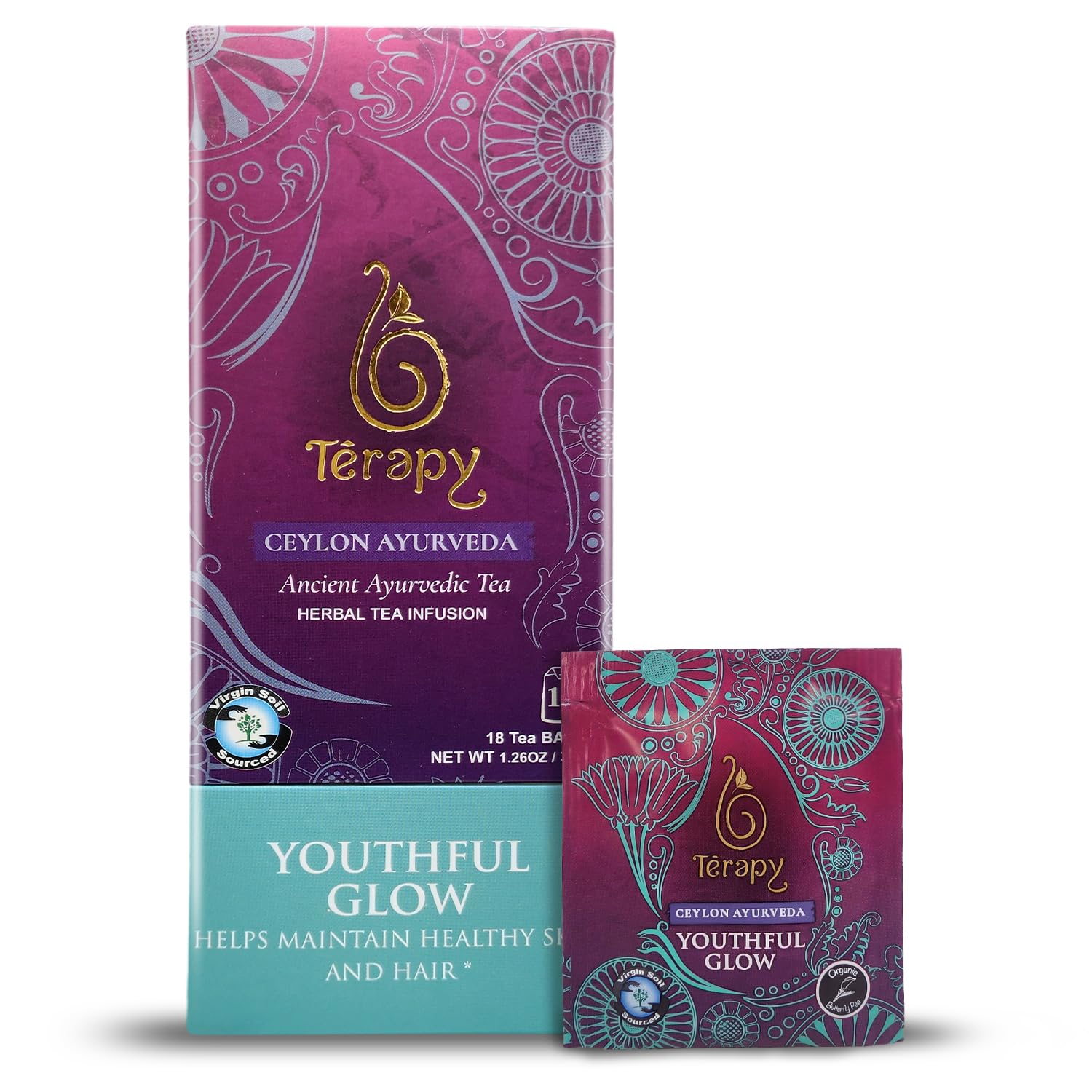 Térapy Ceylon Youthful Glow Herbal Tea Bags | Helps Maintain Healthy Skin and Hair | 100% Natural Blue Butterfly Peas, Licorice Root, Green Tea & More | Individually Wrapped Organic Tea Bags |18 Count
