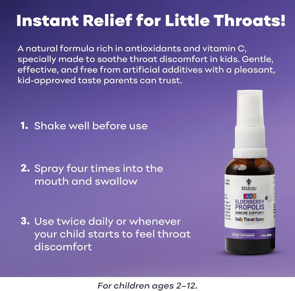 Bee and You, Kids Immune Support Supplement Throat Spray, Elderberry, Raw Honey, Propolis Extract, Vitamin C, Strawberry Juice, Antioxidants, Sore Throat Relief, 1 fl. Oz
