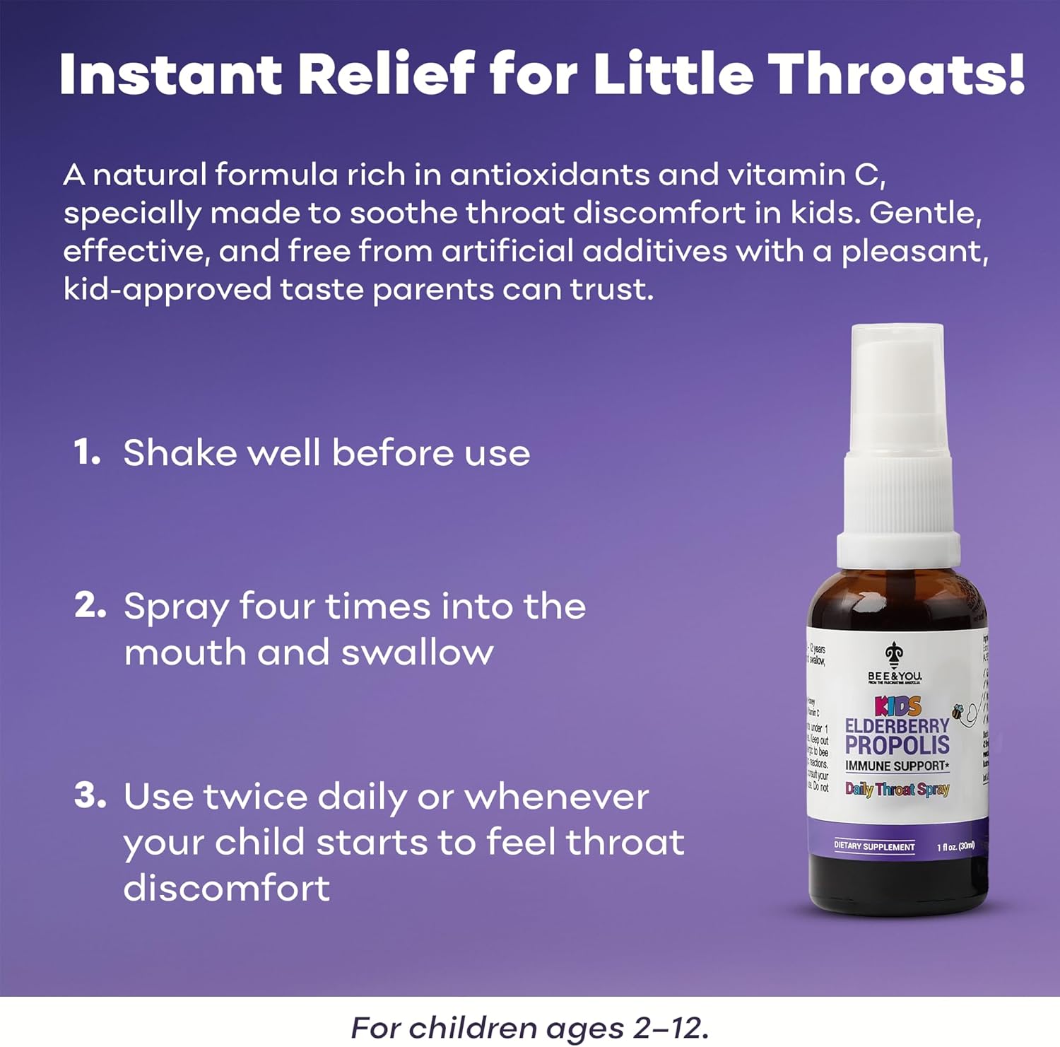 Bee and You, Kids Immune Support Supplement Throat Spray, Elderberry, Raw Honey, Propolis Extract, Vitamin C, Strawberry Juice, Antioxidants, Sore Throat Relief, 1 fl. Oz