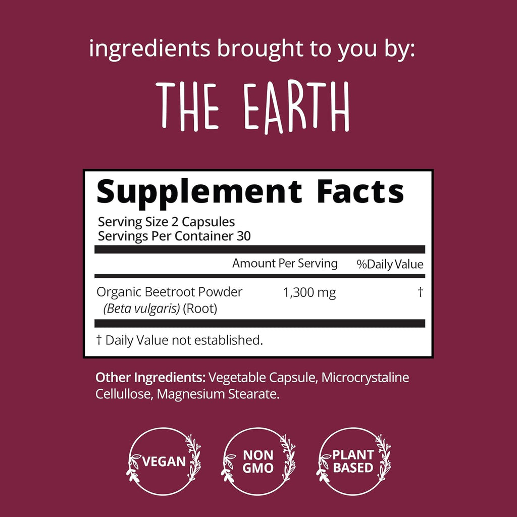 Organic Beet Root Capsules [1,300mg Superfood] – Blood Pressure Support, Nitric Oxide Supplements for Men & Women, Flow & Circulation | Beetroot Powder, Antioxidant, Brain Food | Vegan, 60 Ct