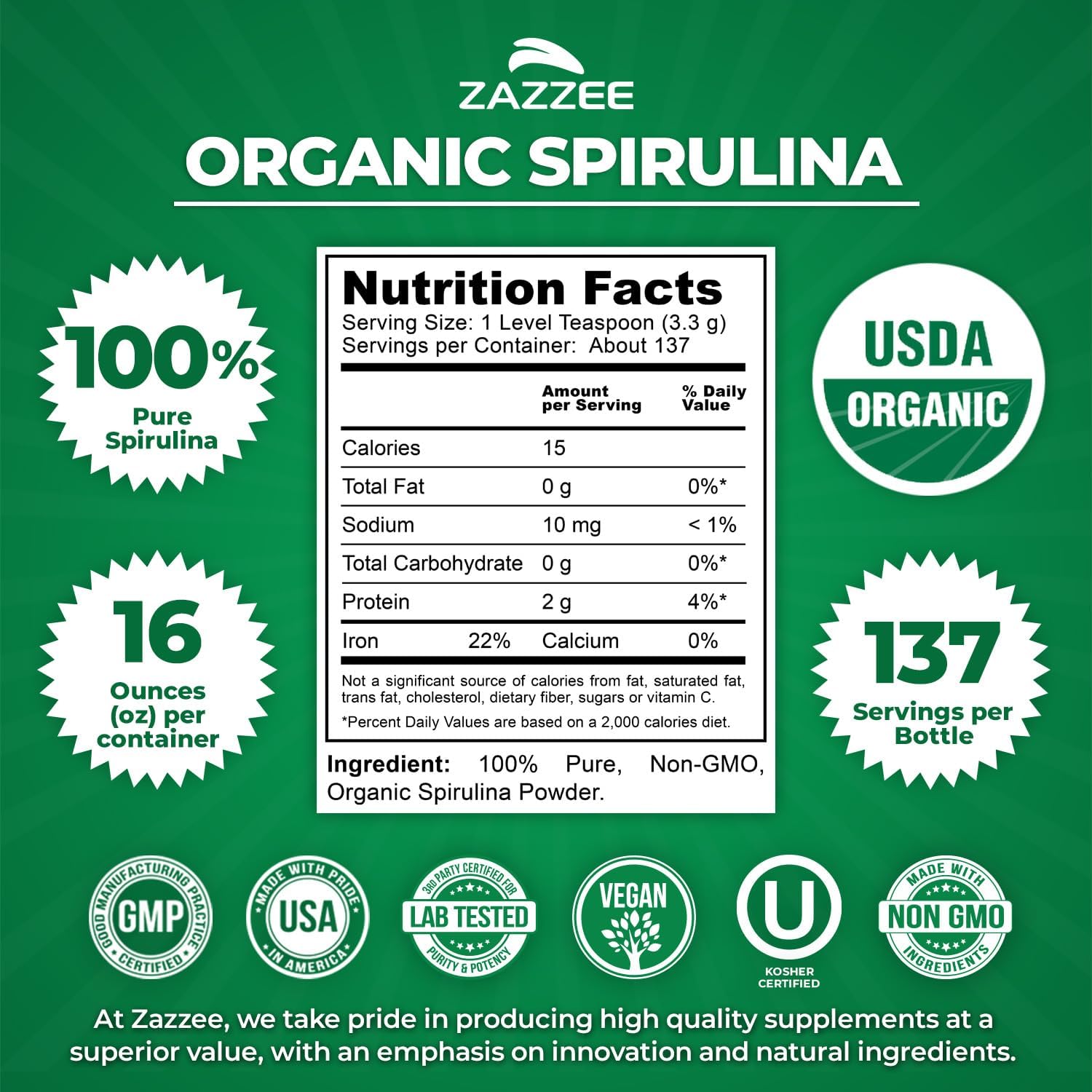 Zazzee Organic Spirulina Powder, 16 Ounces (1 LB), USDA Certified, 137 Servings, 100% Pure, Kosher, Non-Irradiated, Mess-Free Wide Mouth Container, Fresh Smell and Neutral Taste, Non-GMO, Gluten-Free