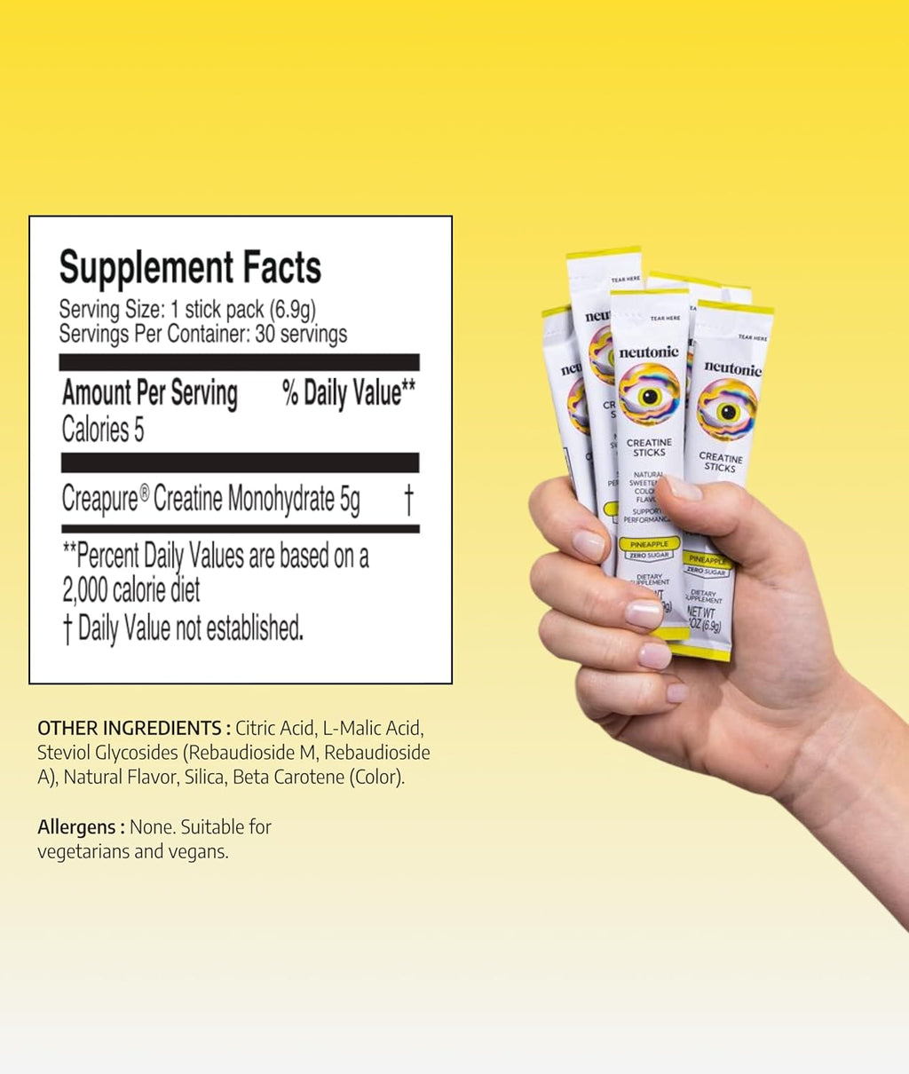 neutonic Creatine Monohydrate | Pineapple Flavored | Premium Micronized Creapure Creatine Powder | Supports Strength and Power | Zero Sugar, Vegan | Convenient Single-Serve Packets | 30 Sticks