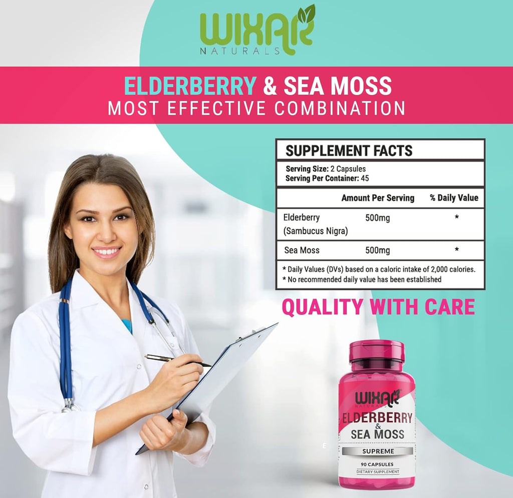 Elderberry and Sea Moss Supreme Capsules - Natural Black Elderberries with Wildcrafted Sea Moss Pills - 90 Capsules - Antioxidants - Herbal Supplements - Immune Support Supplement