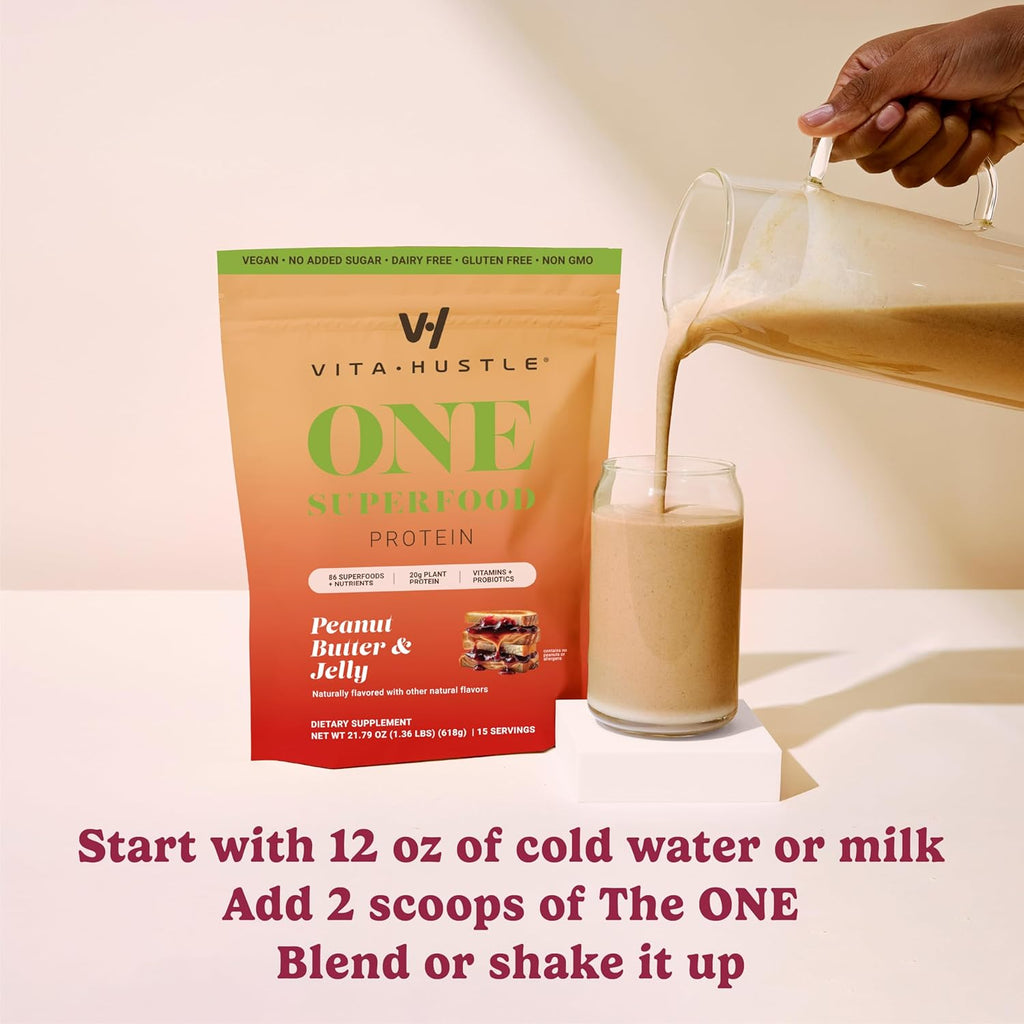 VitaHustle All-in-One Nutrition Shake, Peanut Butter & Jelly - Plant Based Protein Powder by Kevin Hart – Vegan Meal Replacement Shake with KSM66 Ashwagandha & 86+ Superfoods - Organic Meal Replacement Powder