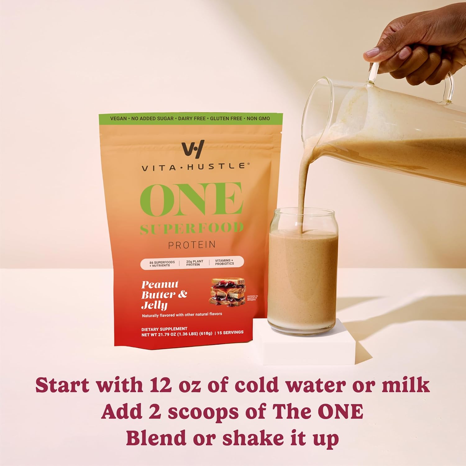 VitaHustle All-in-One Nutrition Shake, Peanut Butter & Jelly - Plant Based Protein Powder by Kevin Hart – Vegan Meal Replacement Shake with KSM66 Ashwagandha & 86+ Superfoods - Organic Meal Replacement Powder