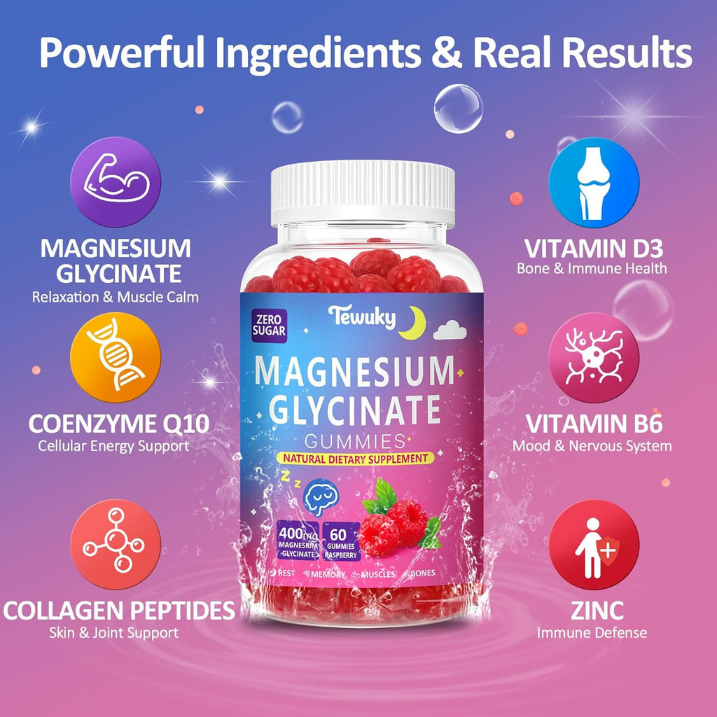 Magnesium Glycinate Gummies 400mg - Sugar Free Vegan Gummies for Adults & Kids with Vitamin D3, B6, C, CoQ10, Collagen, Zinc - Sleep, Muscle, Bone & Memory Support - 60 Raspberry Chewables
