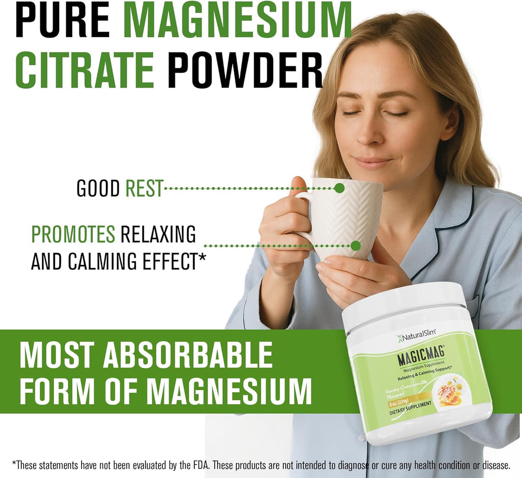 NaturalSlim Magicmag Pure Magnesium Citrate Powder Stress, Constipation, Muscle, Heart Health, and Sleep Support | Honey Chamomile Flavored Magnesium Supplement - 8oz Drink Mix (3 Pack)
