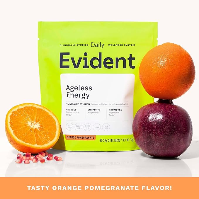 Ageless Energy Powder – CoQ10 Supplement w/Taurine, Vitamins B6 & B12 & ATP – Helps Improve Energy & Heart Function, Reduce Muscle Fatigue – 30 Stick Packs, Orange Pomegranate