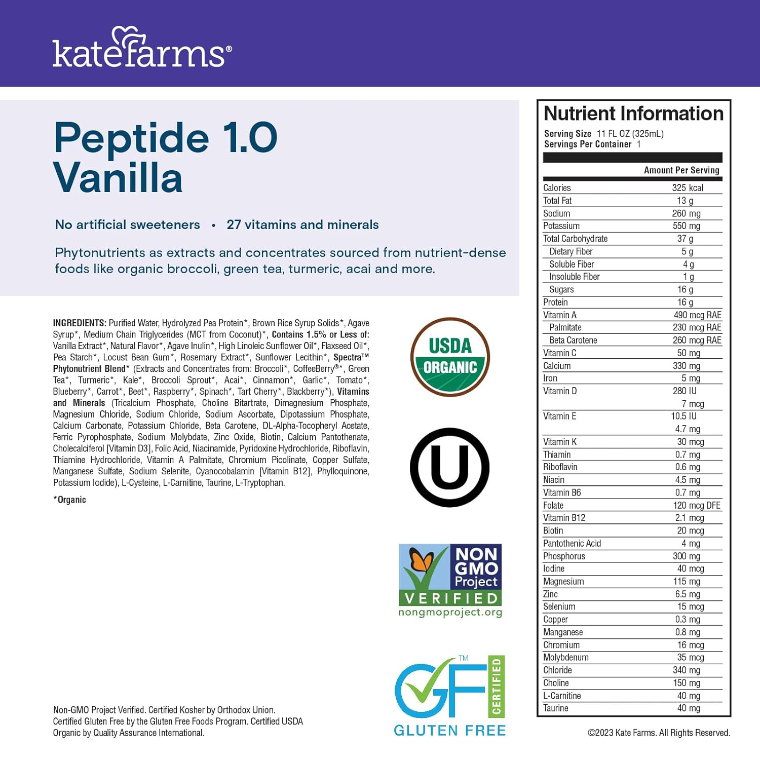 KATE FARMS Organic Adult Peptide 1.0 Formula, Vanilla, Sole-Source, Hydrolyzed Plant-Based Nutrition for Oral or Tube Feeding, 11 Fl oz (12 Pack)