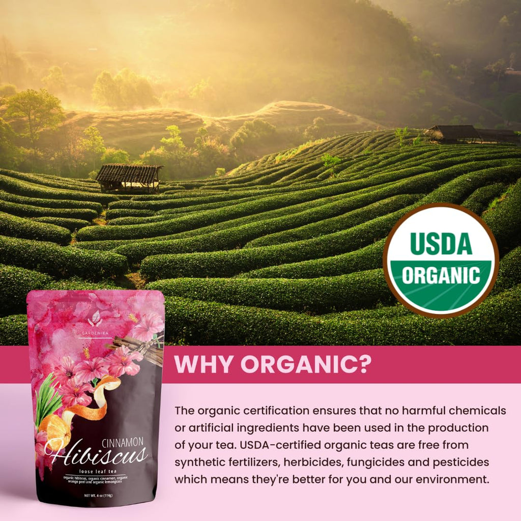 Gardenika Organic Cinnamon Hibiscus Loose Leaf Tea | Natural & Antioxidant Rich | Caffeine-Free | 55+ Cups | USDA Organic & Kosher | 4 oz