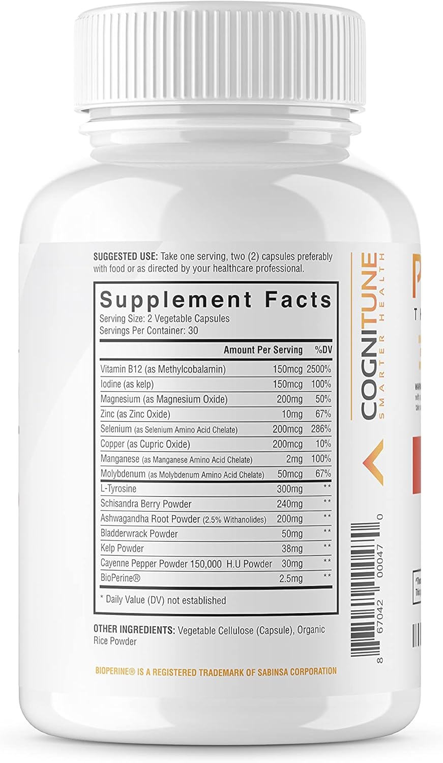 CogniTune Thyroid Support for Women and Men - Thyroid Supplement with Methylated B12, Iodine, Selenium, Ashwagandha, L-Tyrosine - Energy, Metabolism & Focus Support - 60 Capsules