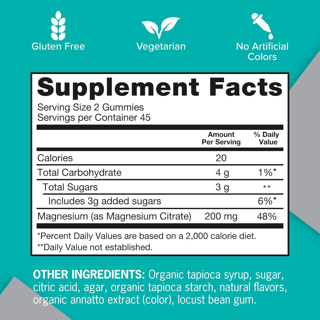 Qunol Magnesium Gummies for Adults, 200mg Elemental Magnesium (from 1,750mg Magnesium Citrate), High Absorption Magnesium Supplement, Supports Nerve, Bone and Muscle Health, Vegetarian, 90 Count