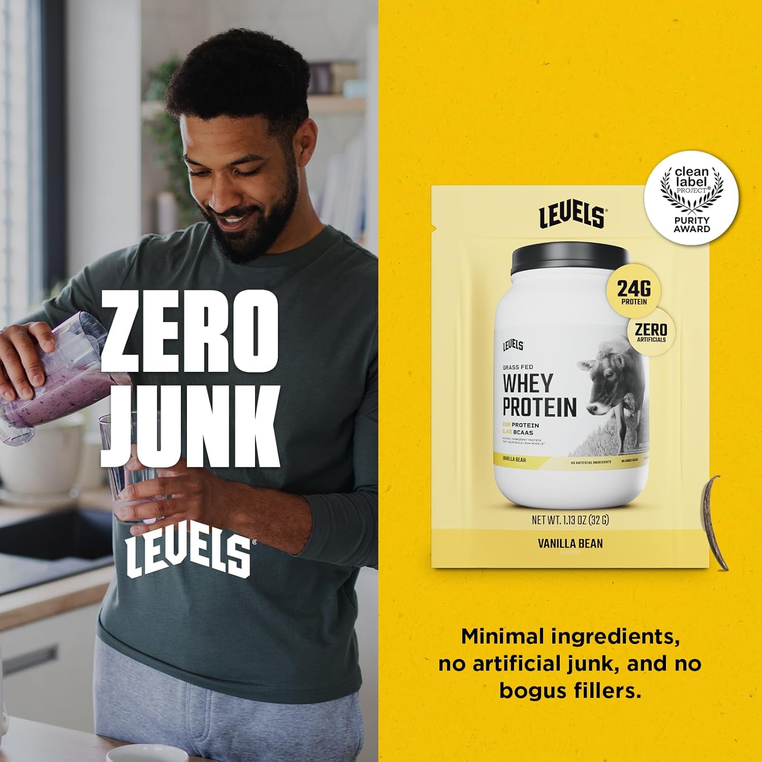 Levels Grass Fed Whey Protein Powder, No Artificials, 24G of Protein, Vanilla Bean, 12 Count