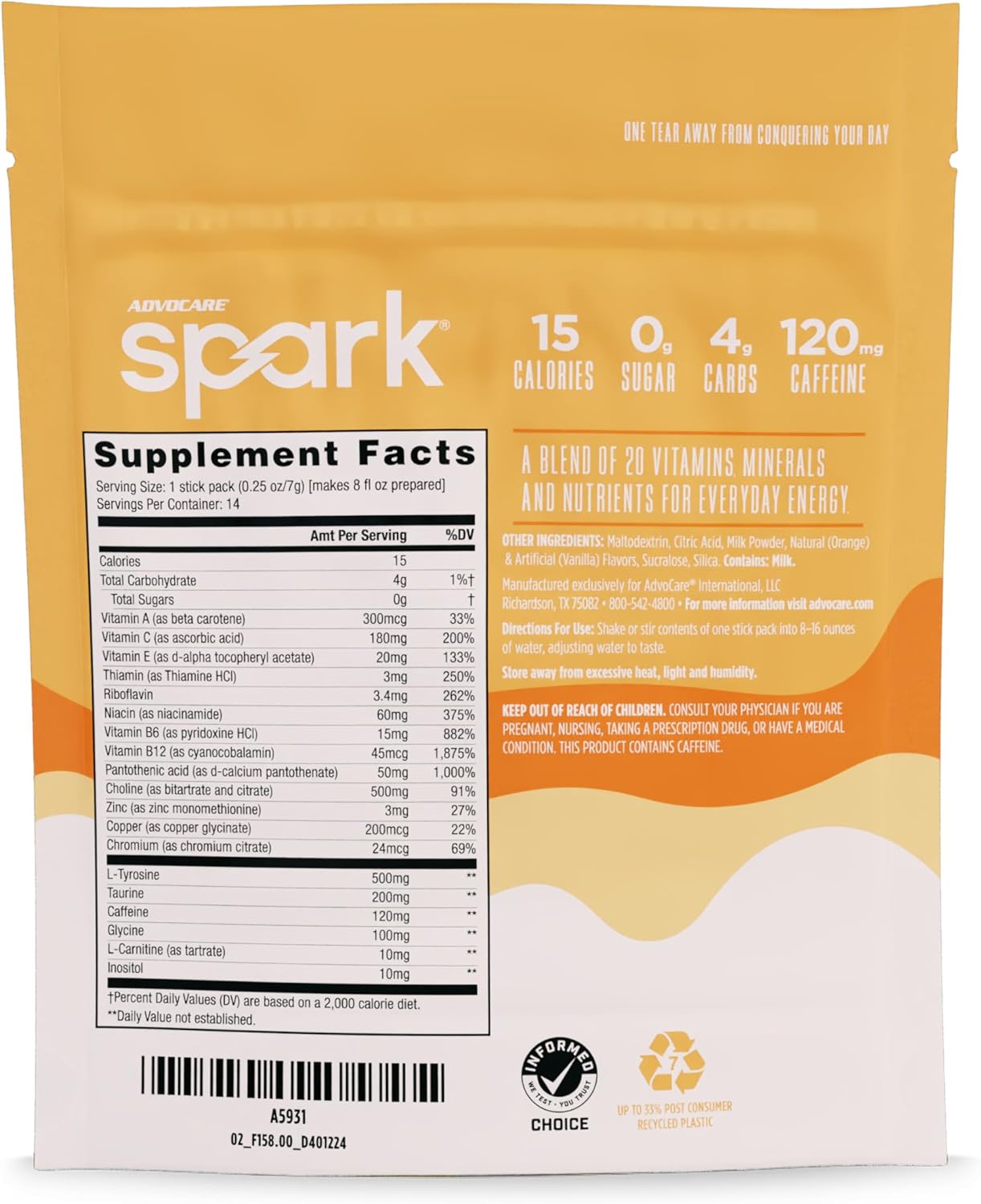 AdvoCare Spark Vitamin & Amino Acid Supplement - Focus & Energy Drink Powder Mix with Vitamin A, B-6, C & E - Also Includes L-Carnitine & L-Tyrosine - Orange Cream Float, 14 Stick Packs