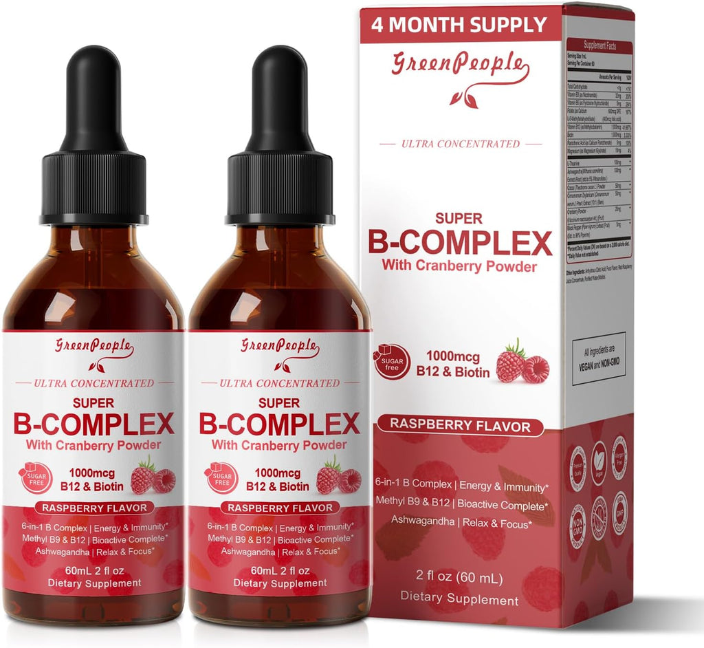 Super B Complex Liquid | B12 Methylcobalamin + Methyl Folate | B Vitamins Complex Liquid Drops with B3,B5,B6,B7, Ashwagandha & L-Theanine for Energy, Focus & Immunity, 4 fl Vegan Raspberry