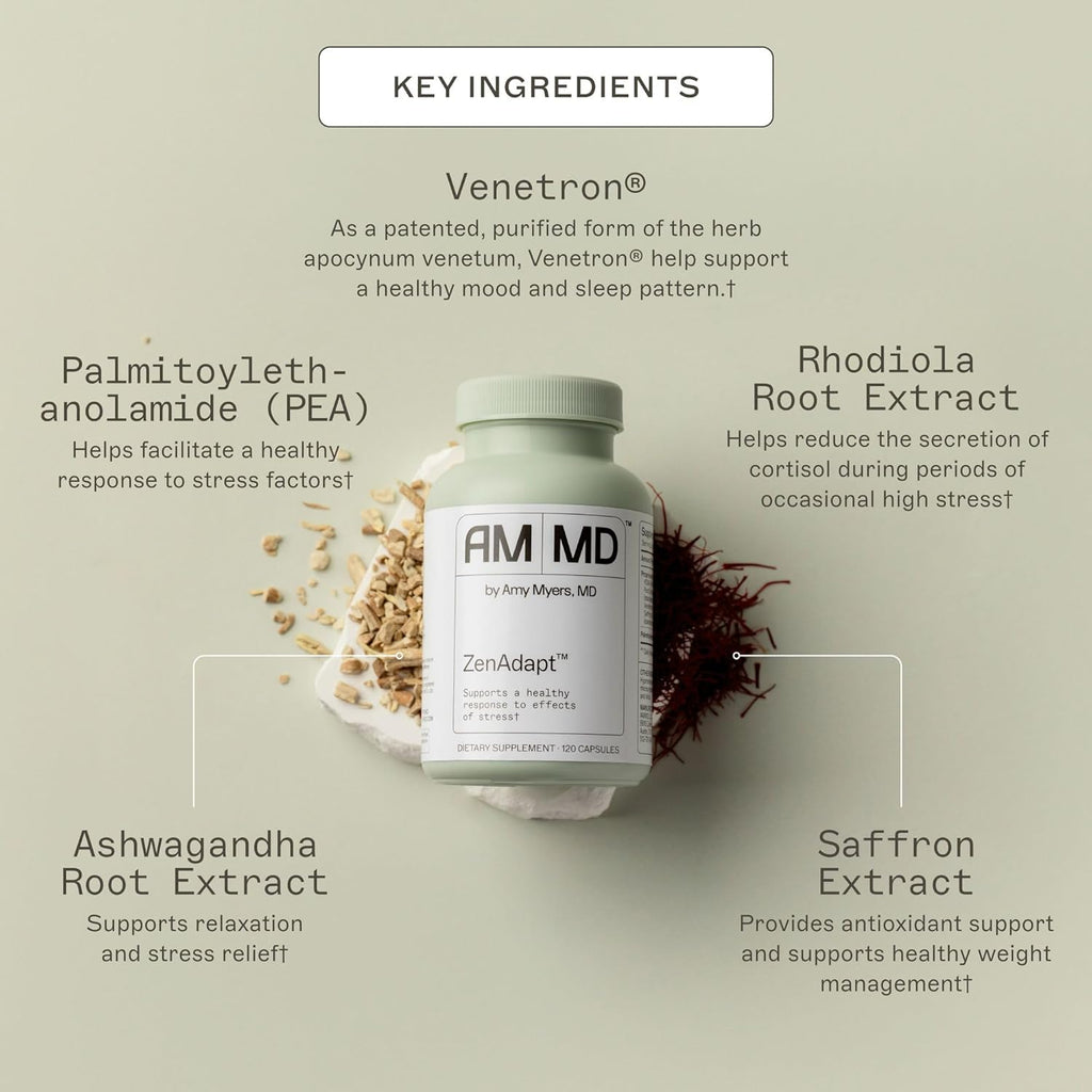 Amy Myers MD ZenAdapt Supplement - Supports Stress Relief & Cortisol Balance - Adaptogenic Blend with Pea, Saffron & Holy Basil - 120 Capsules