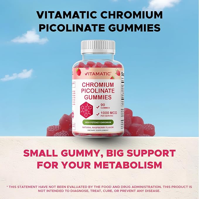 Vitamatic Chromium Picolinate 1000 mcg - 90 Gummies - High Potency Chromium - Raspberry Flavor