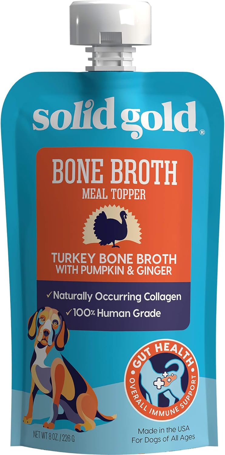 Solid Gold Turkey Bone Broth for Dogs - Limited Ingredient Bone Broth Dog Food Toppers for Picky Eaters with Collagen & Superfoods - Dog Gravy Topper for Dry Food - Gut Health & Hydration - 12 Pack