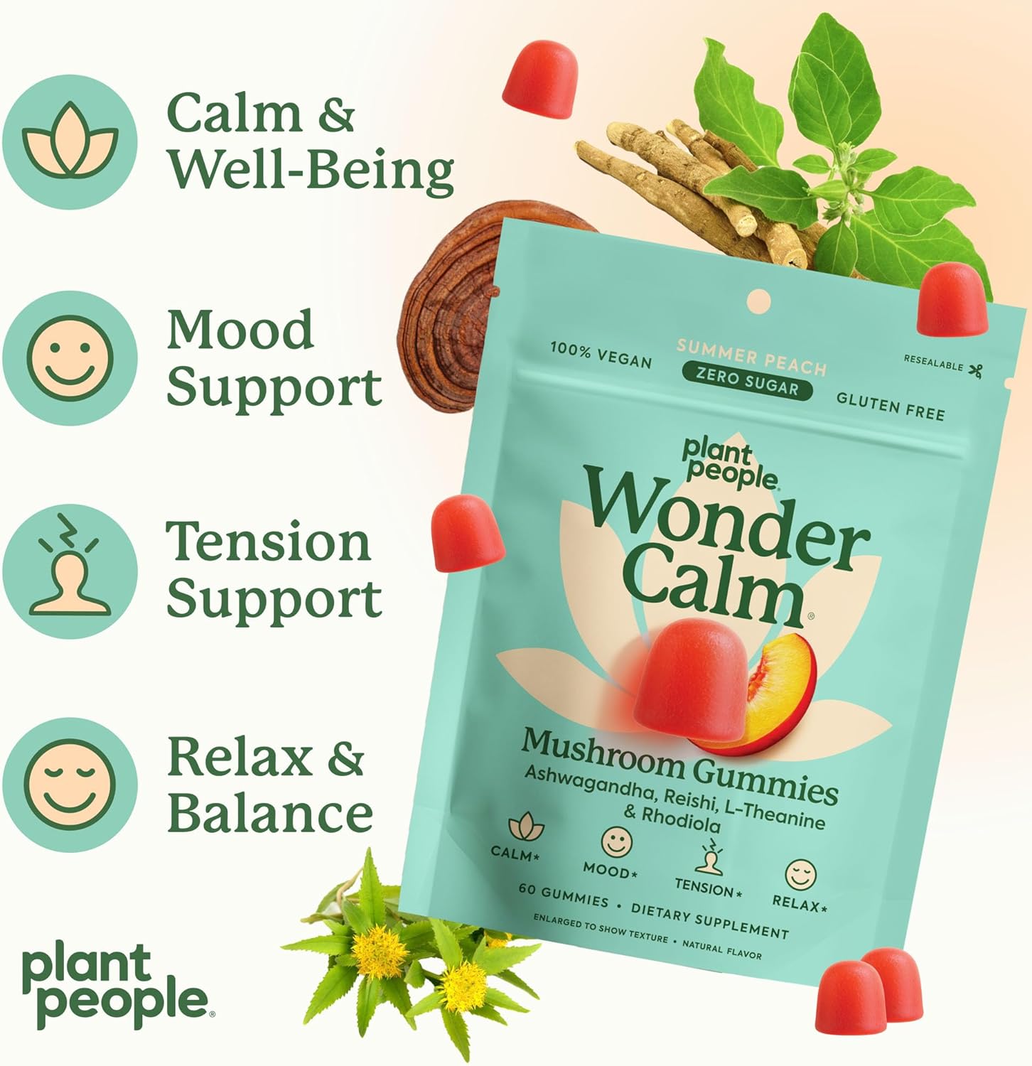 Plant People WonderCalm Mushroom Gummies - Natural Ashwagandha Supplement to Ease Stress & Boost Mood for Adults Without Sugar, Gluten or Artificial Colors, Vegan-Friendly, Peach Flavor, 60 Count