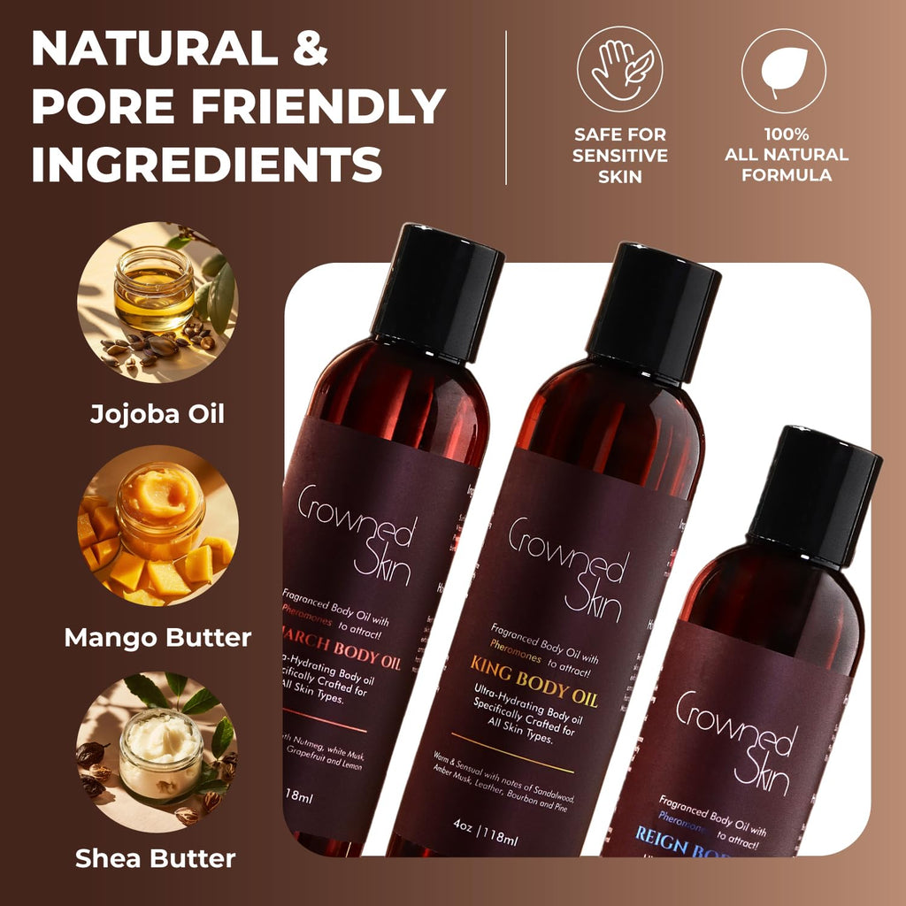King, Reign, and Monarch Cologned Body Oil Bundle | Alluring, Nautical, & Spicy Scents | Infused with Organic Shea & Mango Butters | Moisturizing Formula with All-Day Fragrance