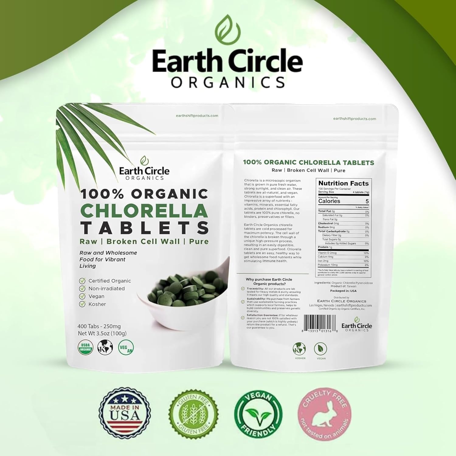 Organic Chlorella Tablets 400 Count | High Potency Superfood | Chlorophyll Pills from 100% Pure Green Algae | Broken Cell Wall for Maximum Absorption | Vegan, Kosher, Non-GMO | 4 Tabs per Day (2-Pack)