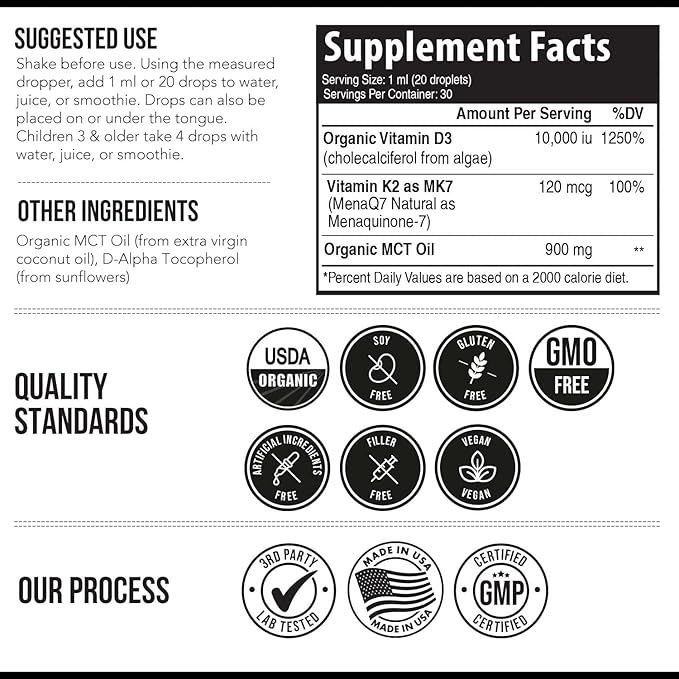Organic Plant D3 K2 vitamin 10000 iu - AllTrans MK7 from MenaQ7 (120 mcg K2) - 100% Organic & Plant-Based Sublingual D3 Drops 10,000 iu (Cholecalciferol), Vegan - Supports Immunity, Bone, Brain 3-Pack