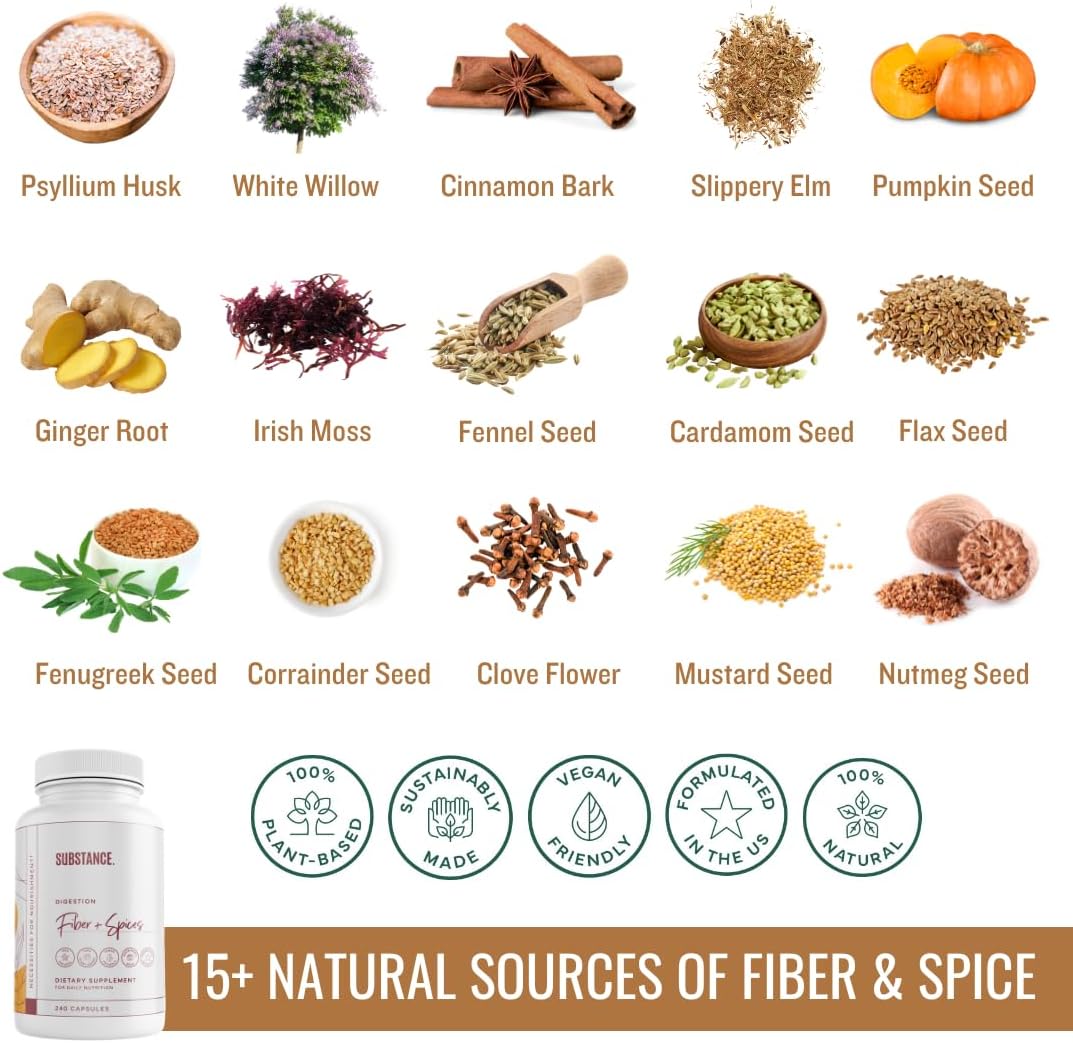 SUBSTANCE. - Nature's Fiber & Spices for Digestive Wellness - Supports Colon Cleanse - Formulated with Psyllium Husk, Flax Seed & Ginger - Dietary Fiber Supplement - Vegan-Friendly - 240 Capsule