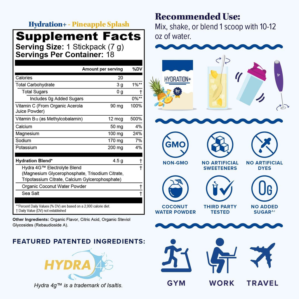 Hydration Electrolyte Powder Packets Blend Magnesium, Calcium, Sodium Potassium | Coconut Water + Vitamin C & B12 | Sugar-Free, Vegan, Non-GMO, Energy & Immune Support | 18 Servings Pineapple Flavored