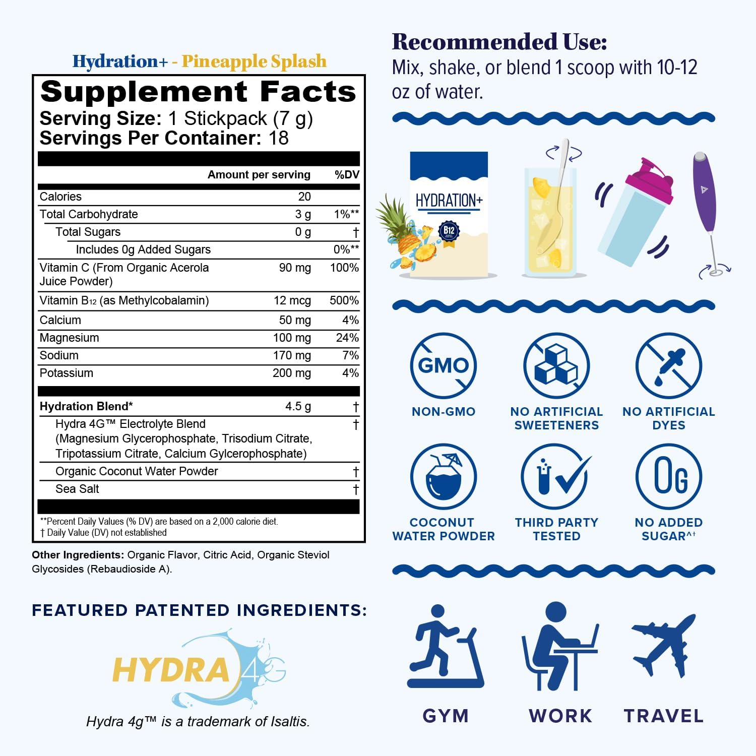 Hydration Electrolyte Powder Packets Blend Magnesium, Calcium, Sodium Potassium | Coconut Water + Vitamin C & B12 | Sugar-Free, Vegan, Non-GMO, Energy & Immune Support | 18 Servings Pineapple Flavored