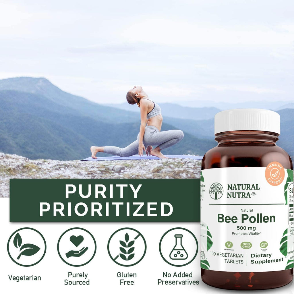 Natural Nutra Bee Pollen 500 mg, Gluten-Free Vegetarian Supplement, Helps Promotes Vitality, Energy Boost, Skin Health, Boost Stamina, Nutritional Supplement, 100 Tablets