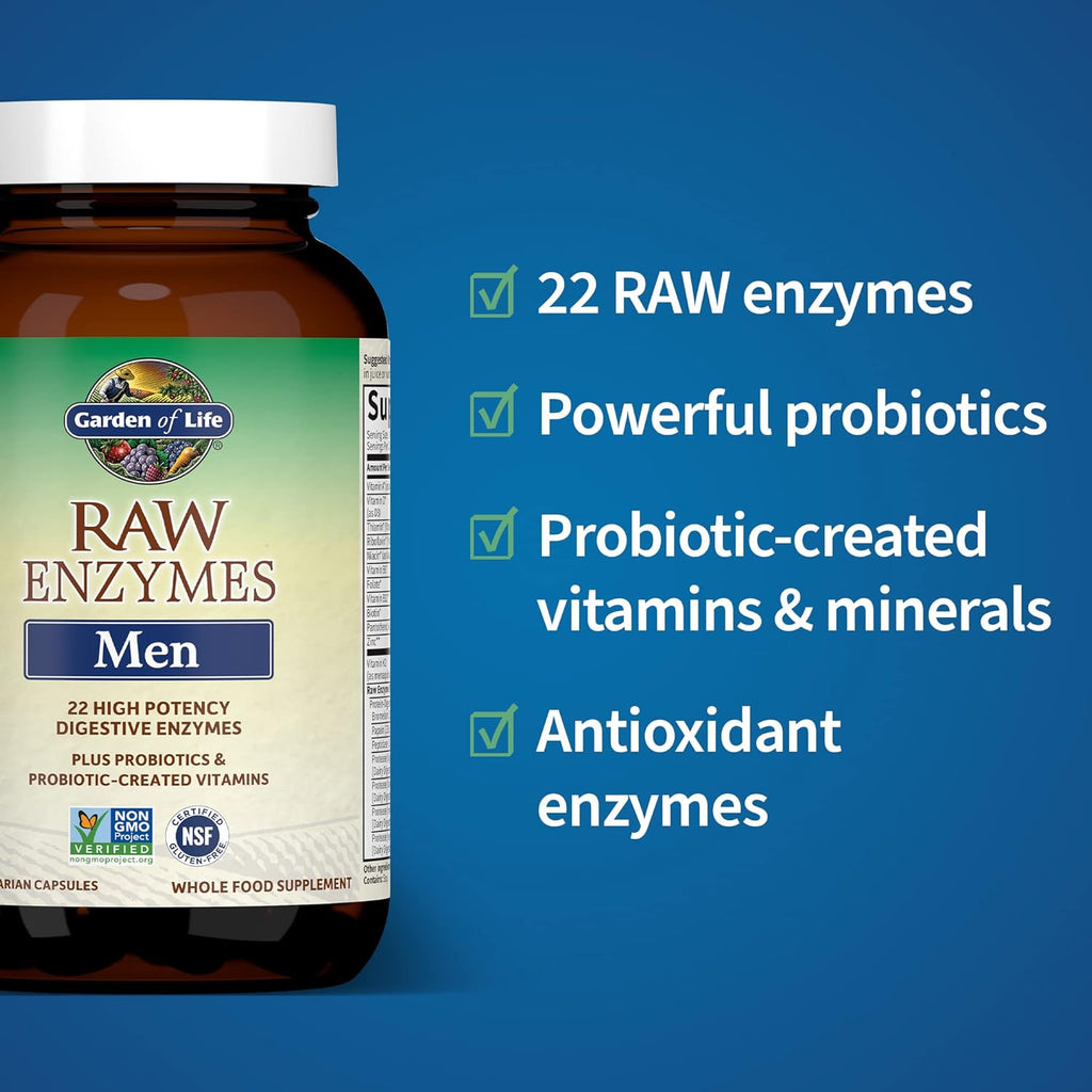 Garden of Life 22 Digestive Enzymes for Men with Bromelain, Papain & Lactase Plus Probiotics & Whole Food Vitamins B12, Biotin & Zinc – RAW Enzymes – Non-GMO, Gluten-Free, Vegetarian, 90 Capsules